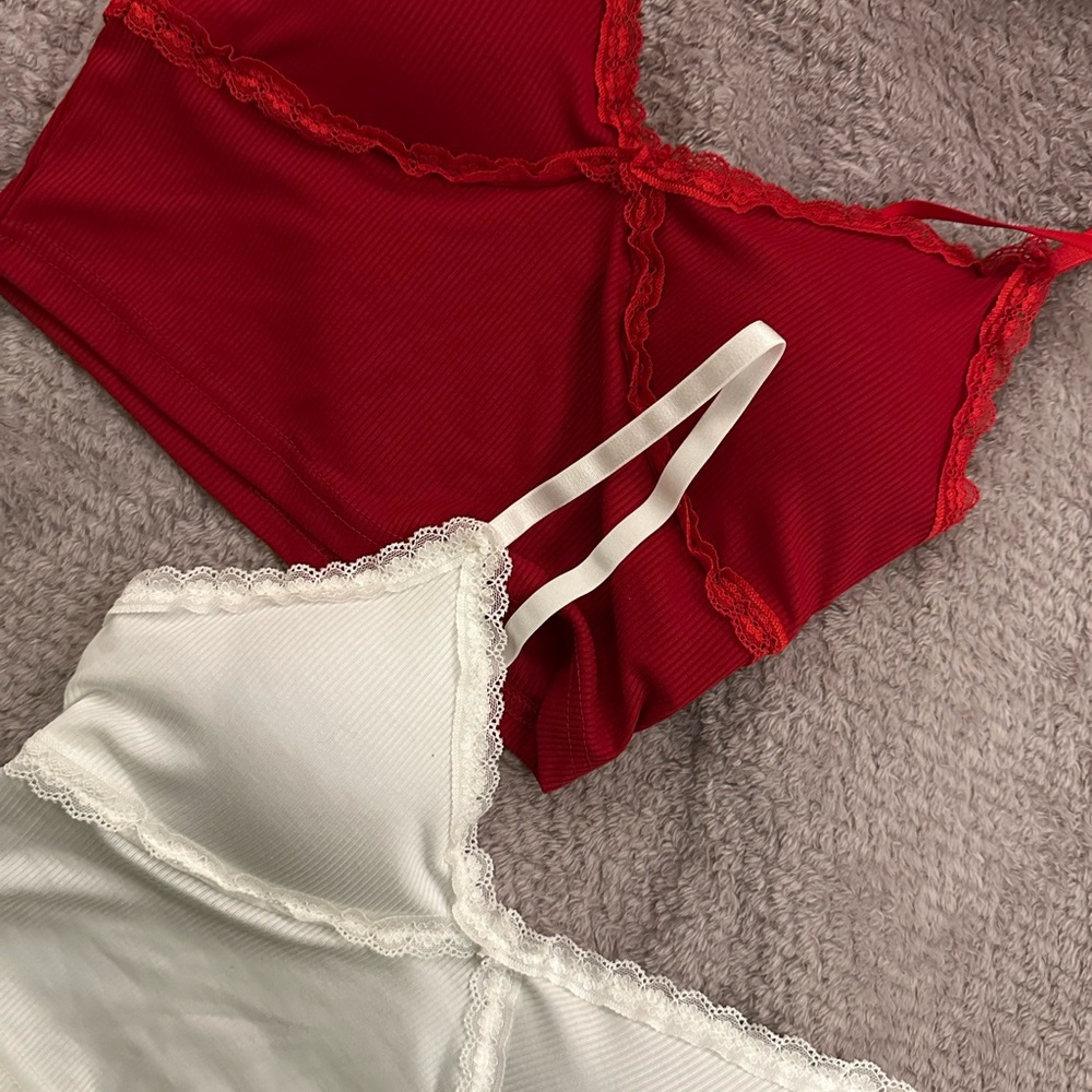 Red and White Lace Trim Camisole Set